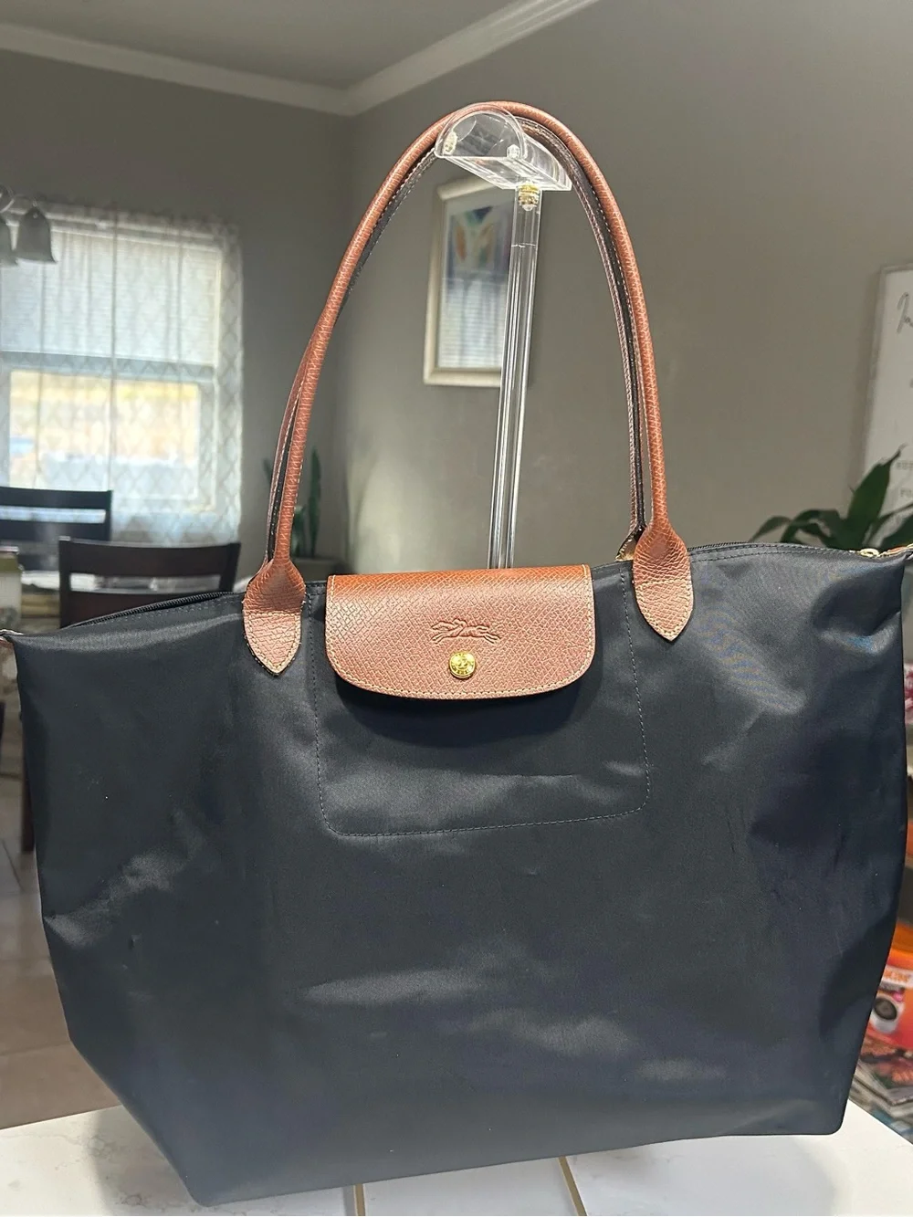 Longchamp Black Tote with Brown Trim and Handles